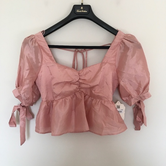 NWT Altar'd State Sz S Rose Pink Puff Sleeve Smock Back Crop Babydoll Top Boho - Picture 1 of 14